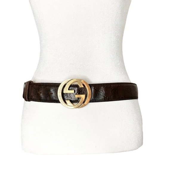 Authentic GUCCI Brown & Gold GG Embossed Monogram Leather Belt Size 85/34 - Picture 4 of 15